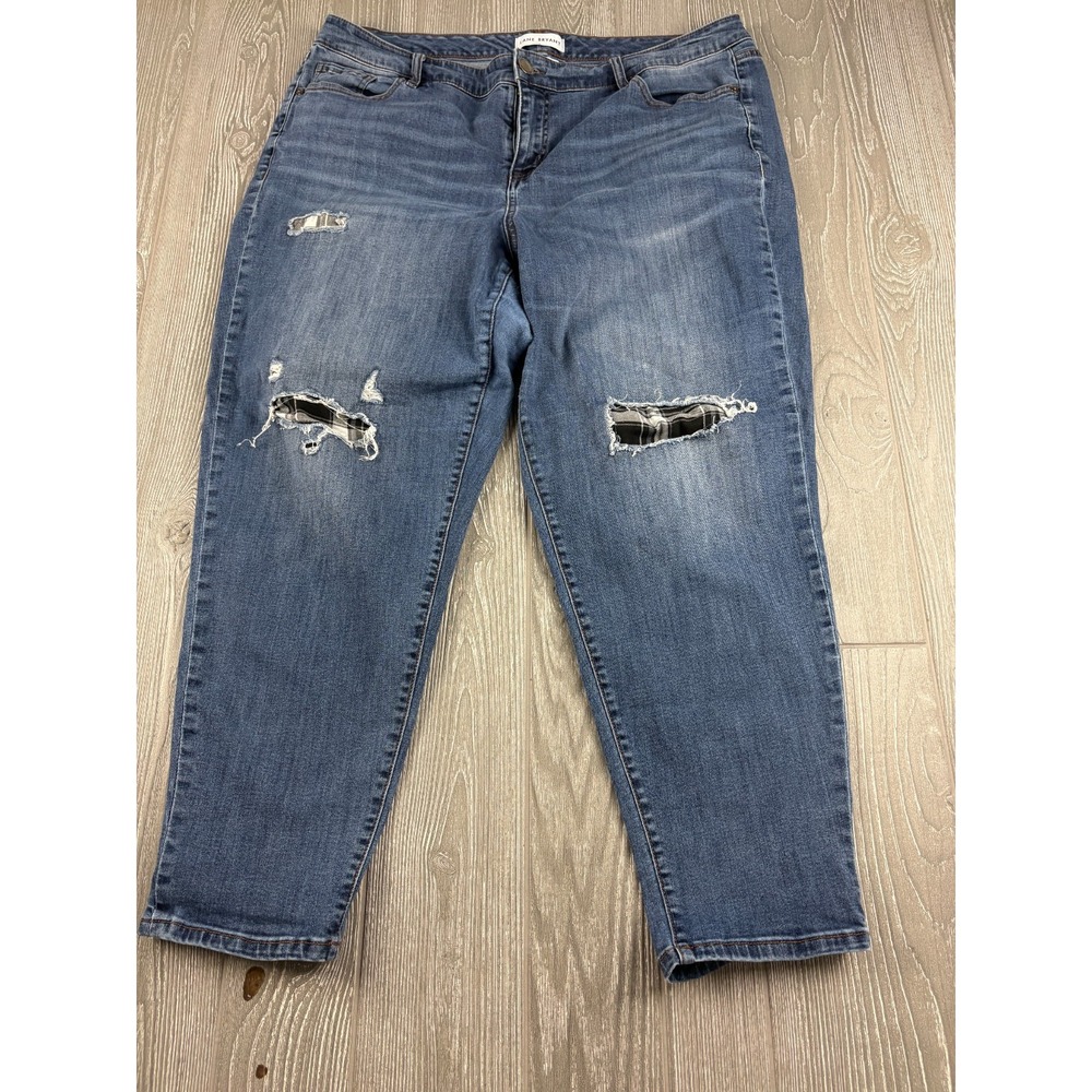 Lane Bryant Skinny Jeans Womens 16 Medium Wash Distressed Plaid Inset Blue
